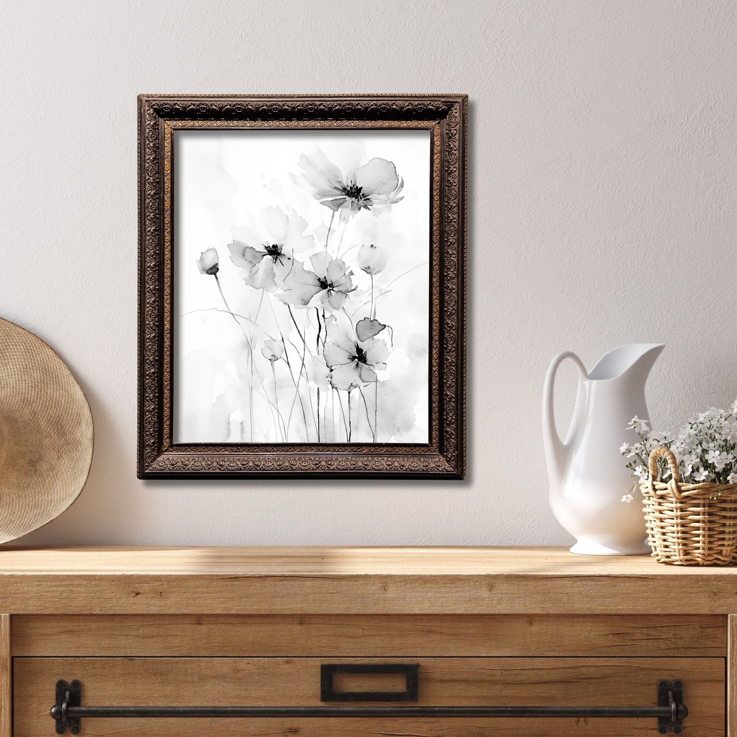 Black and White Watercolor Painting, Field of Flowers Art, Wildflower Painting, Museum Quality Giclee Print on Cotton Rag Texture Paper