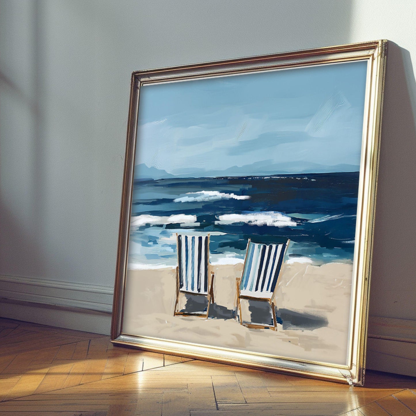 Coastal Wall Art, Seaside Ocean Print, Nautical Summer Decor, Coastal Living Artwork, Large Family Room Wall Print, Striped Beach Chair Art
