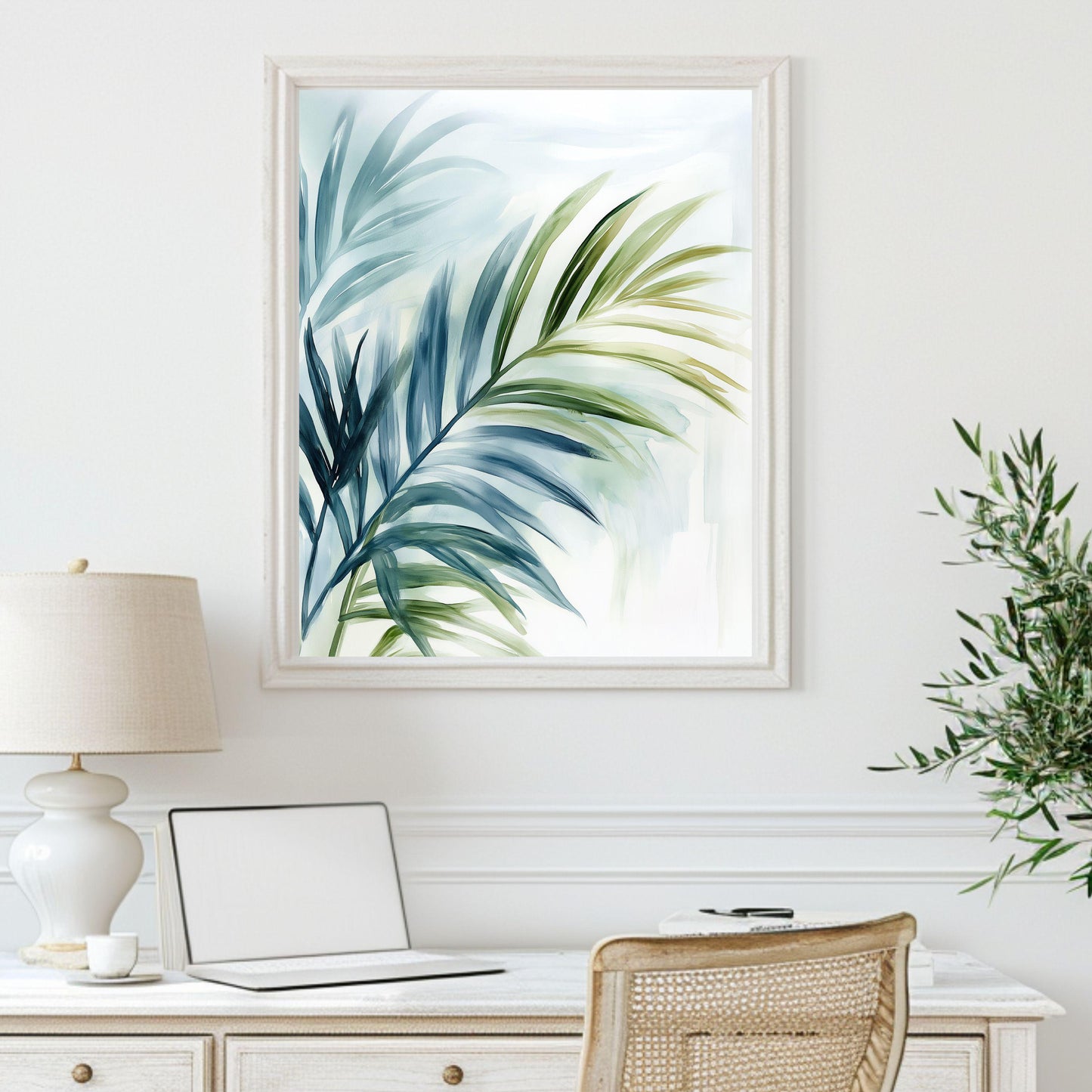 Tropical Wall Art Palm Leaf Print in Blue and Green, Coastal Botanical Decor, Boho Beach House Artwork, Watercolor Wall Art, Palm Frond One