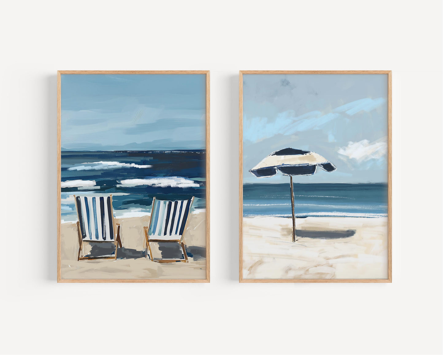 Set of Two Beach Wall Art Prints Navy Blue Modern Coastal Paintings Summer Seaside Wall Decor, SallieO Giclee Canvas Prints