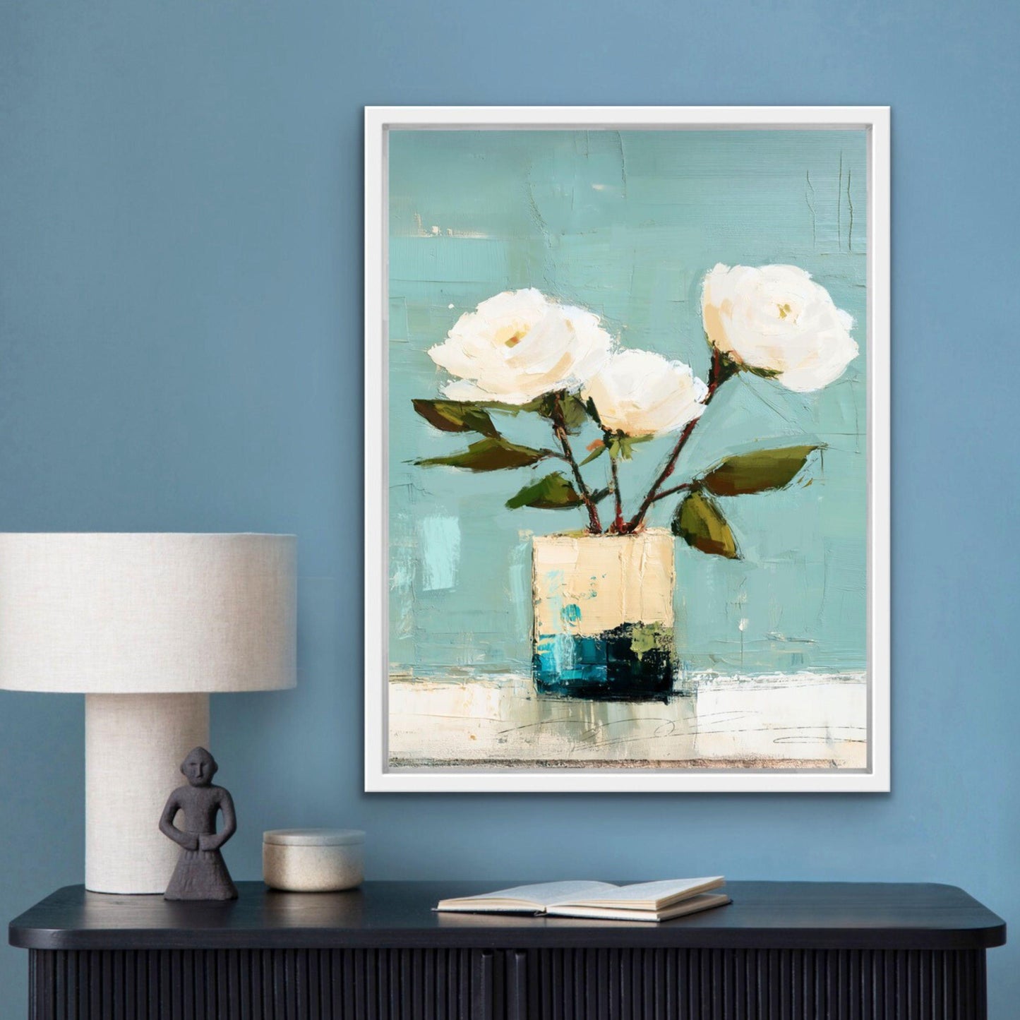 Coastal Cottage Floral Wall Art Print, Blue, Green and White Roses Still Life Art