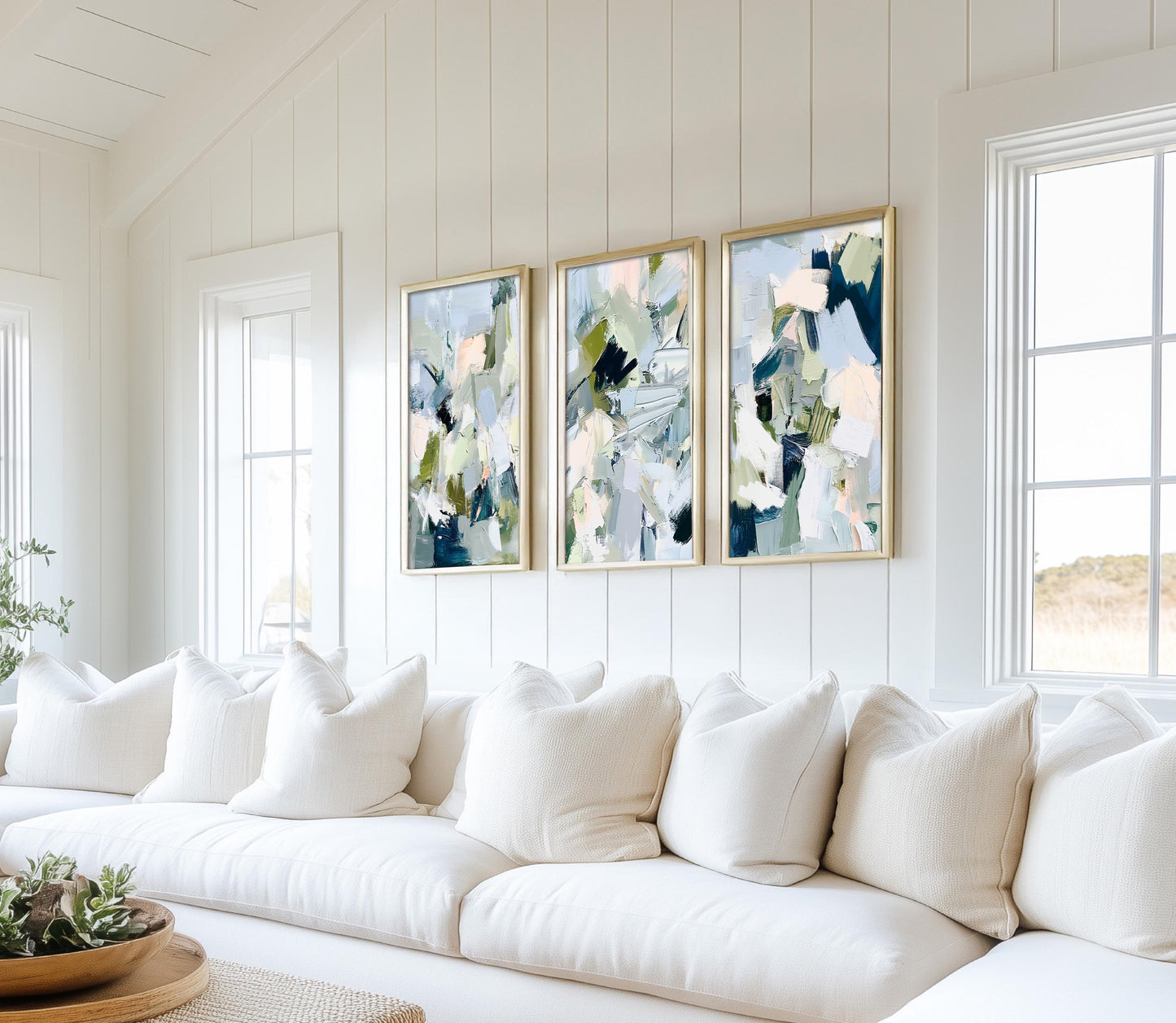 Coastal Abstract Print Set of Three, Large Contemporary Nautical Artworks for Beach House, Soft Blue and Sage Wall Art
