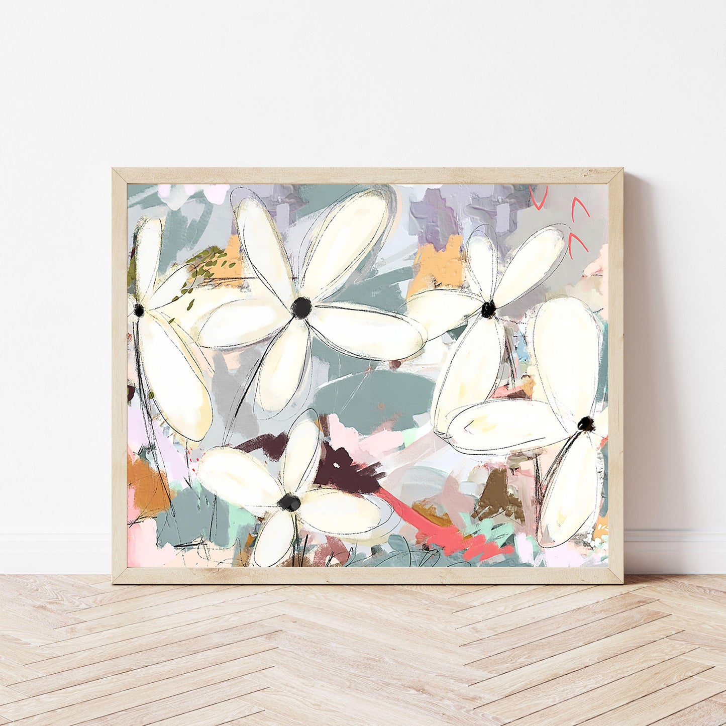 Large Abstract Botanical Wall Art, Modern Coastal Flower Painting, Beach House Decor,