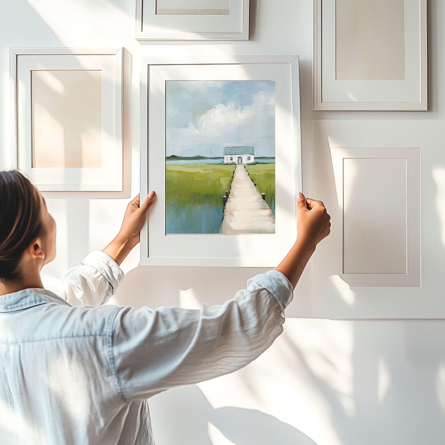 Coastal Home Art Print, Marshland Painting in Soft Blue and Green Tones, Modern Beachouse Decor, Large Vertical Artwork