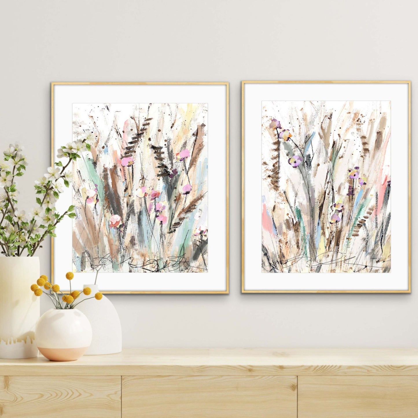 Cattails, Fine Art Print set of 2, Landscape Painting, Grass, watercolor landscape painting, Sallie Otenasek,