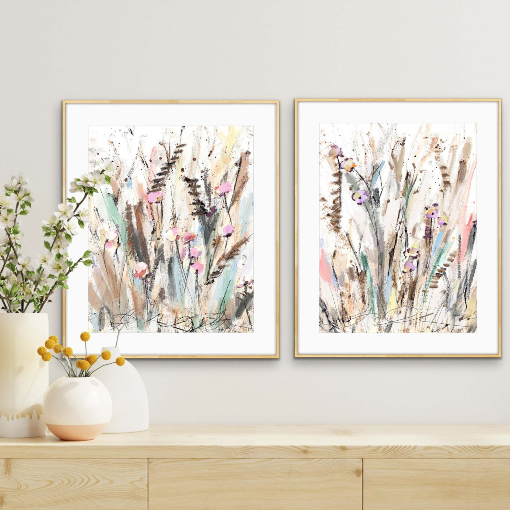 Cattails, Fine Art Print set of 2, Landscape Painting, Grass, watercolor landscape painting, Sallie Otenasek,