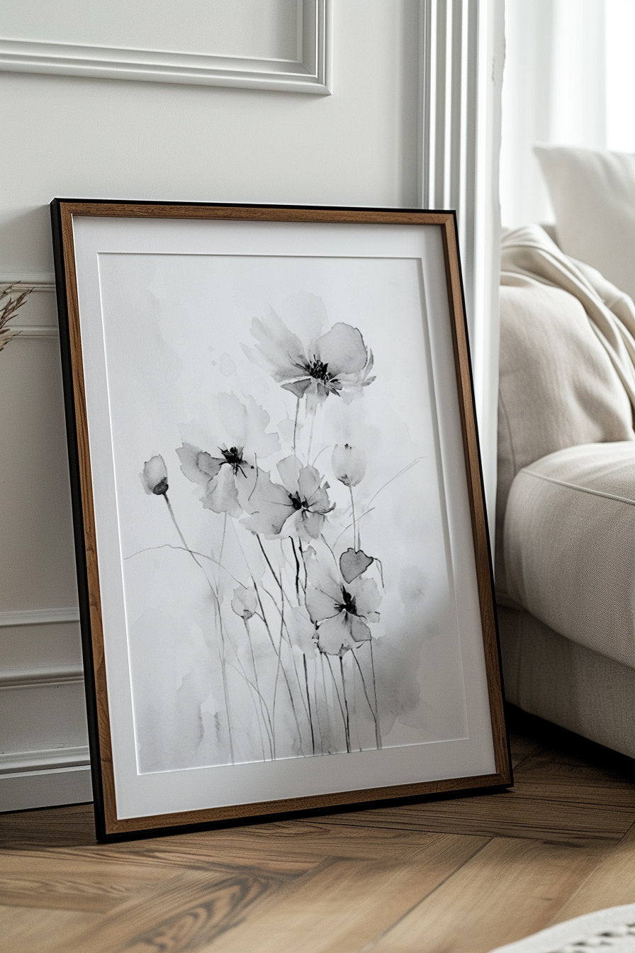 Black and White Watercolor Painting, Field of Flowers Art, Wildflower Painting, Museum Quality Giclee Print on Cotton Rag Texture Paper