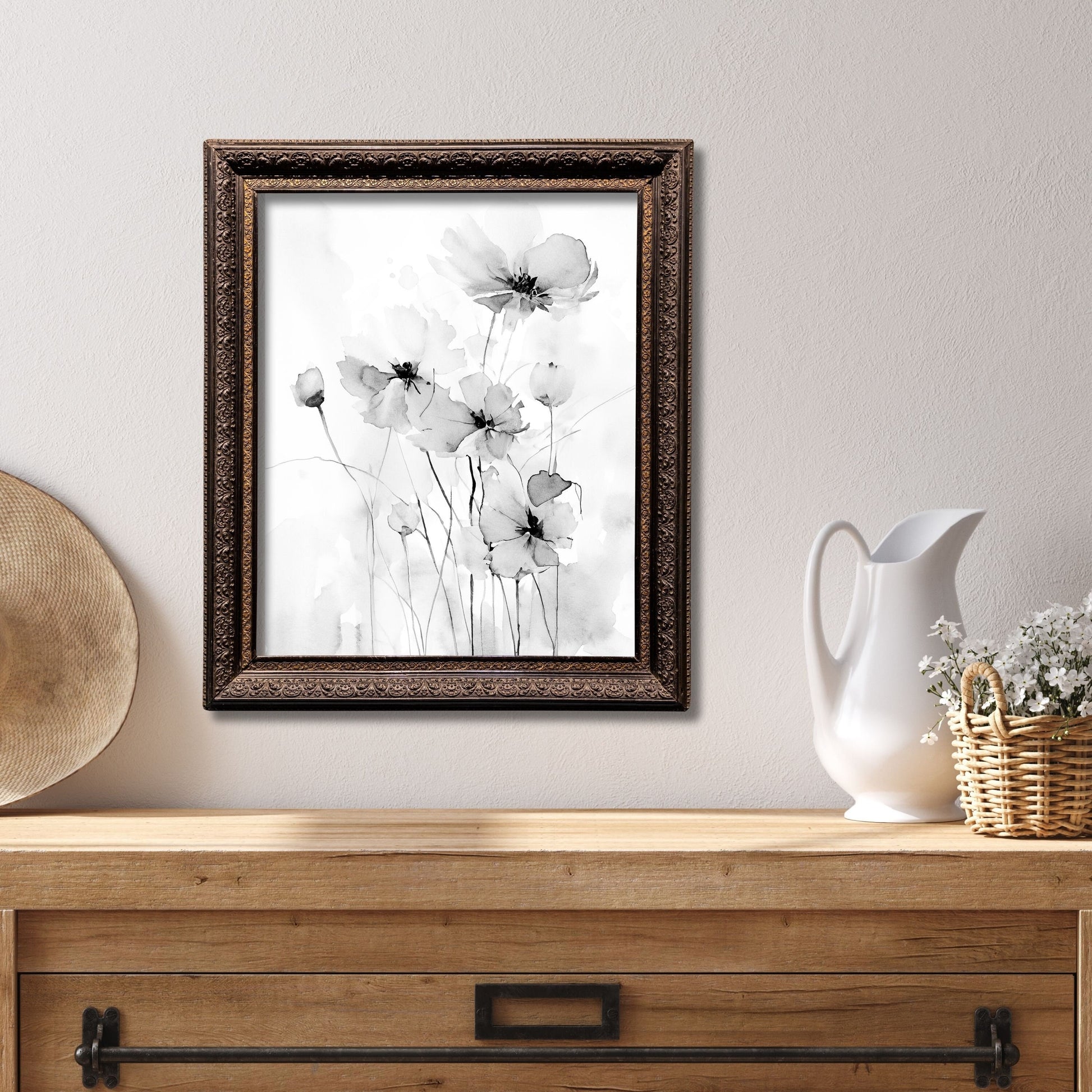 Black and White Watercolor Painting, Field of Flowers Art, Wildflower Painting, Museum Quality Giclee Print on Cotton Rag Texture Paper