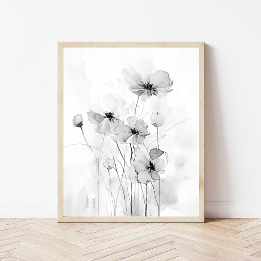 Black and White Watercolor Painting, Field of Flowers Art, Wildflower Painting, Museum Quality Giclee Print on Cotton Rag Texture Paper