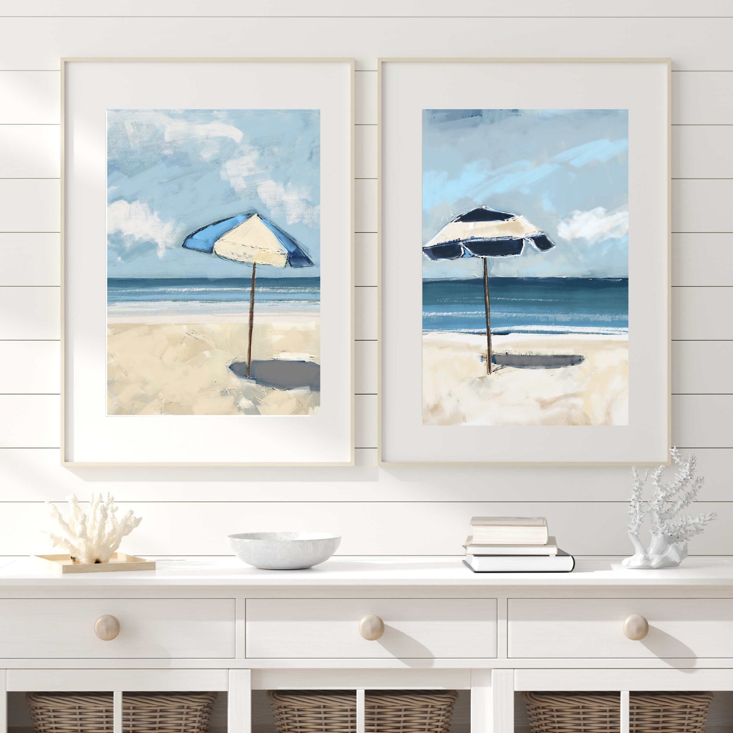 Beach Decor Wall Art, Blue Beach Umbrella Seascape, Beachy Vibe Art Prints on Paper, Modern Coastal Art, Minimal Shore Theme