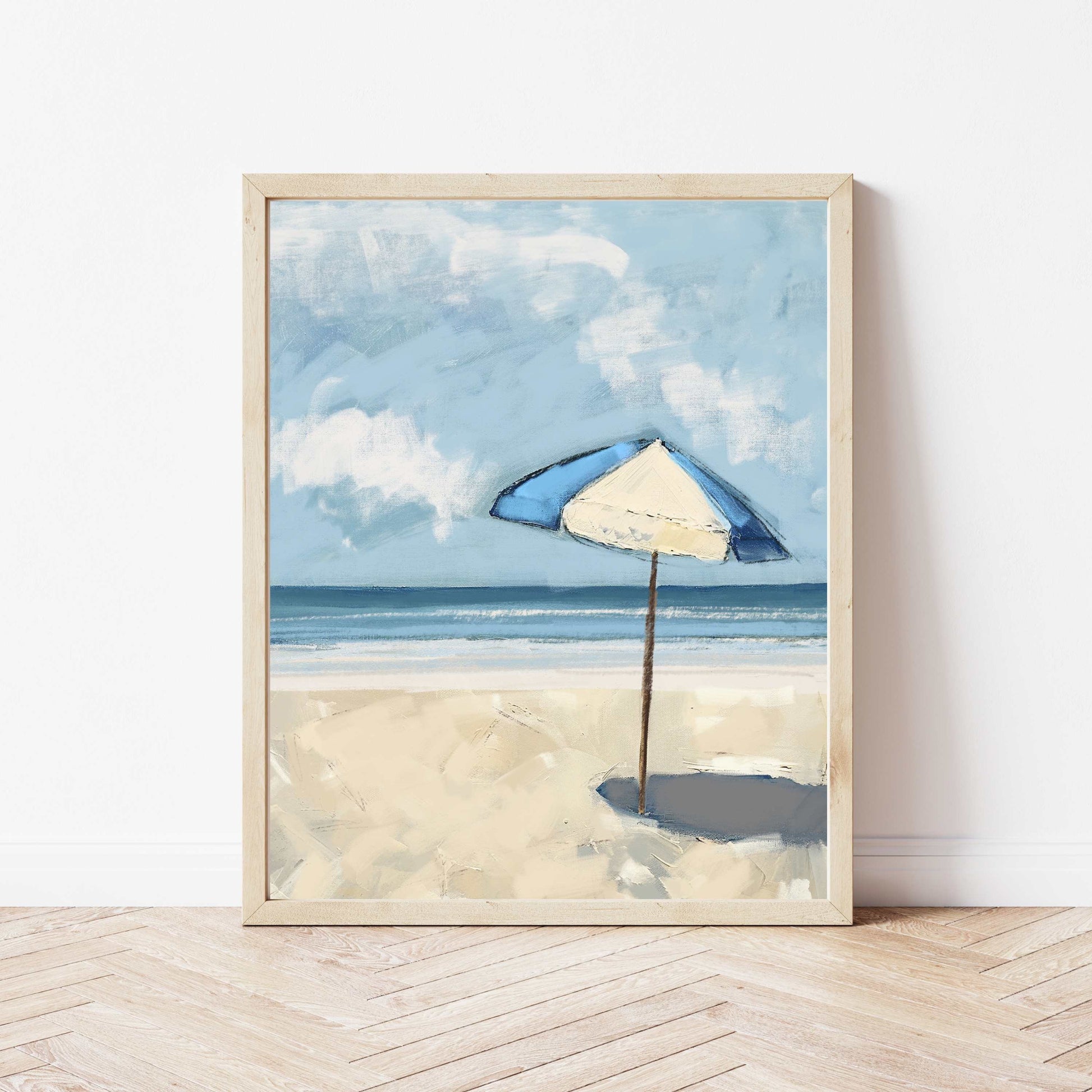 Beach Decor Wall Art, Blue Beach Umbrella Seascape, Beachy Vibe Art Prints on Paper, Modern Coastal Art, Minimal Shore Theme
