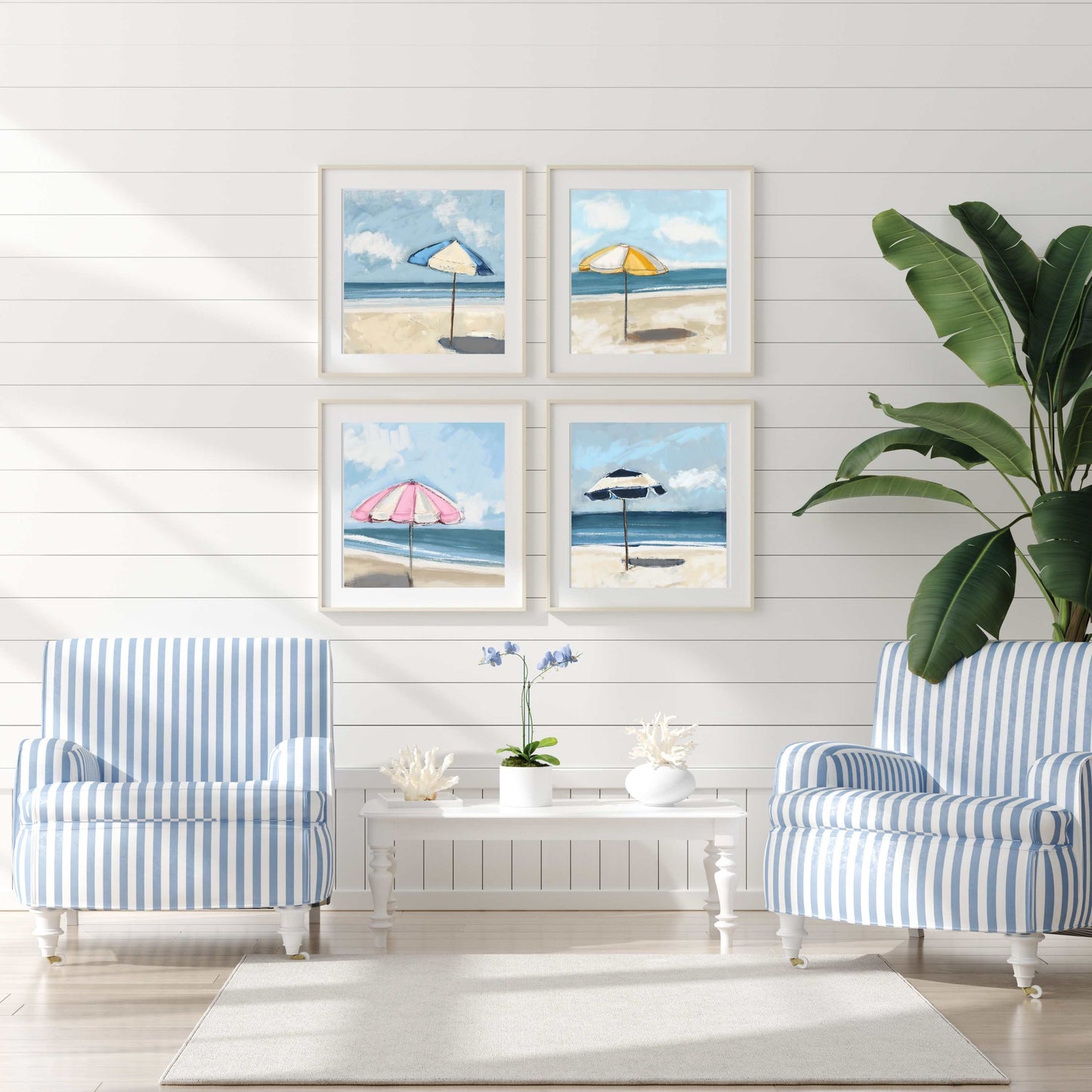 Beach Decor Wall Art, Blue Beach Umbrella Seascape, Beachy Vibe Art Prints on Paper, Modern Coastal Art, Minimal Shore Theme