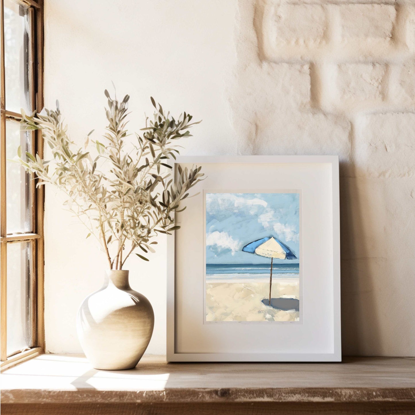 Beach Decor Wall Art, Blue Beach Umbrella Seascape, Beachy Vibe Art Prints on Paper, Modern Coastal Art, Minimal Shore Theme