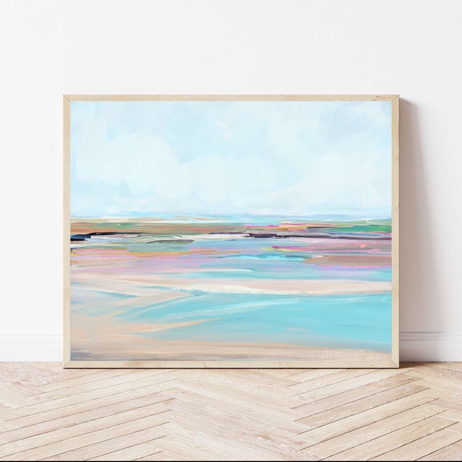 Beach Decor Wall Art, Coastal Sand Sea and Sky Painting, Museum Quality Print on Cotton Rag Paper, Turquois Blue Water, Ocean Art
