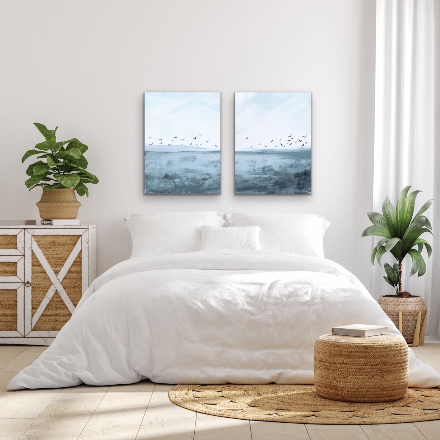 Seagull Wall Art, Coastal Decor, Set of 2, Shades of Blue Beach Art, Florida Home Decor, Museum Quality Giclee Diptych Canvas Print