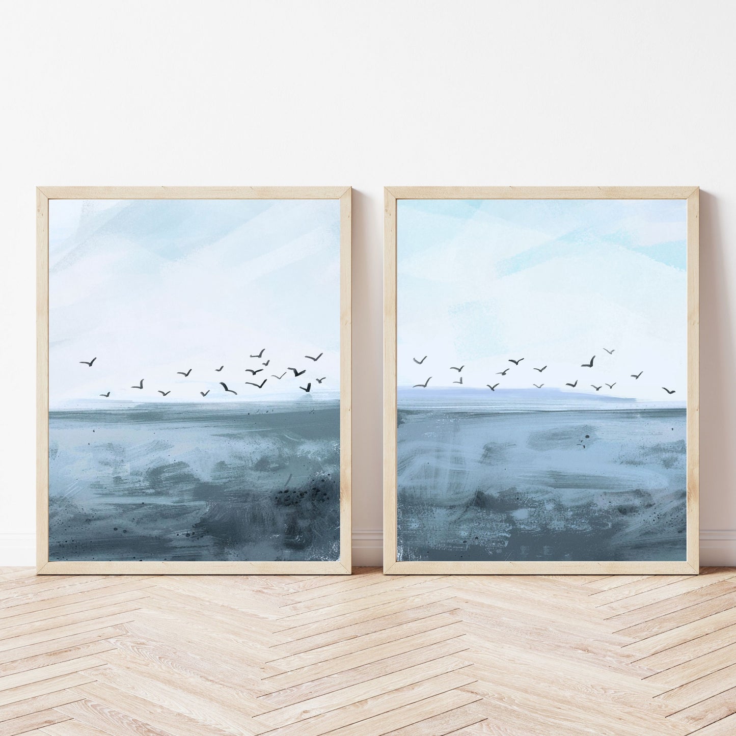 Seagull Wall Art, Coastal Decor, Set of 2, Shades of Blue Beach Art, Florida Home Decor, Museum Quality Giclee Diptych Canvas Print
