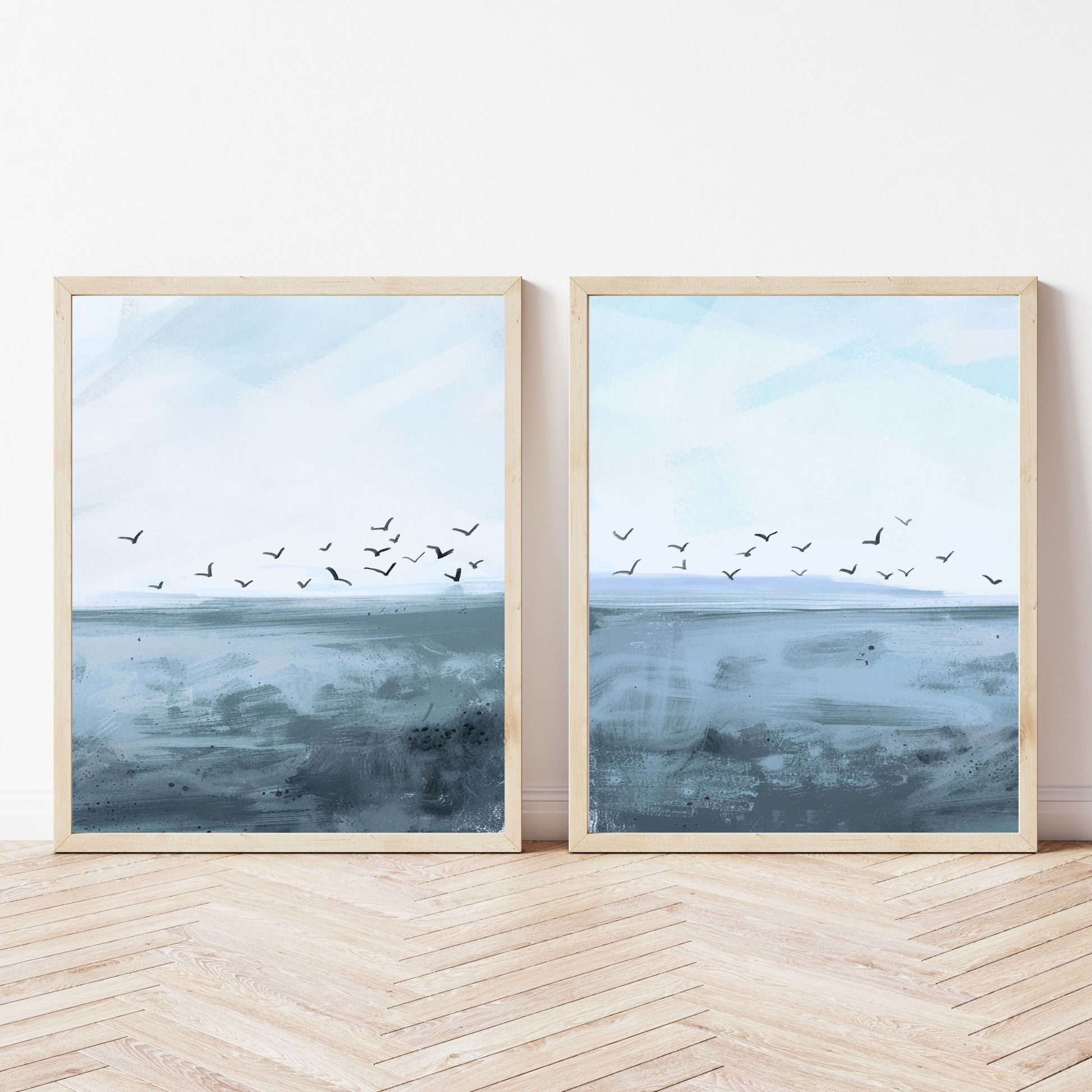 Seagull Wall Art, Coastal Decor, Set of 2, Shades of Blue Beach Art, Florida Home Decor, Museum Quality Giclee Diptych Canvas Print