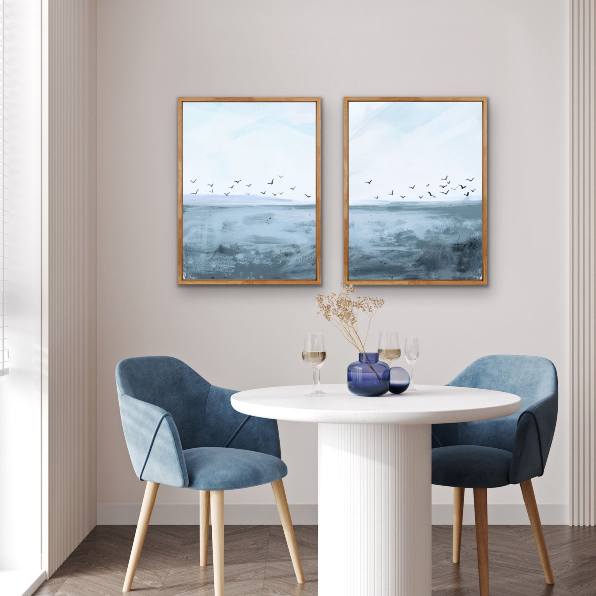 Seagull Wall Art, Coastal Decor, Set of 2, Shades of Blue Beach Art, Florida Home Decor, Museum Quality Giclee Diptych Canvas Print