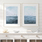 Diptych:  A flock of birds soars over a serene seascape under a light, cloudy sky. Calm ocean waves subtly blend with textured brushstrokes, creating a tranquil atmosphere.