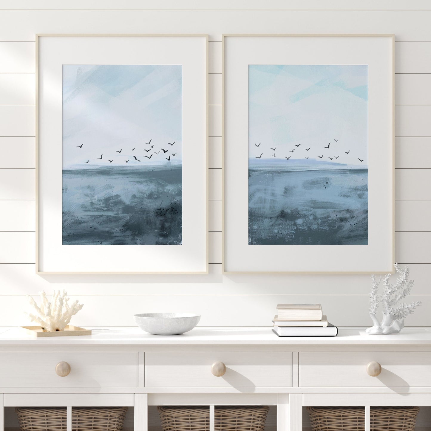 Diptych:  A flock of birds soars over a serene seascape under a light, cloudy sky. Calm ocean waves subtly blend with textured brushstrokes, creating a tranquil atmosphere.