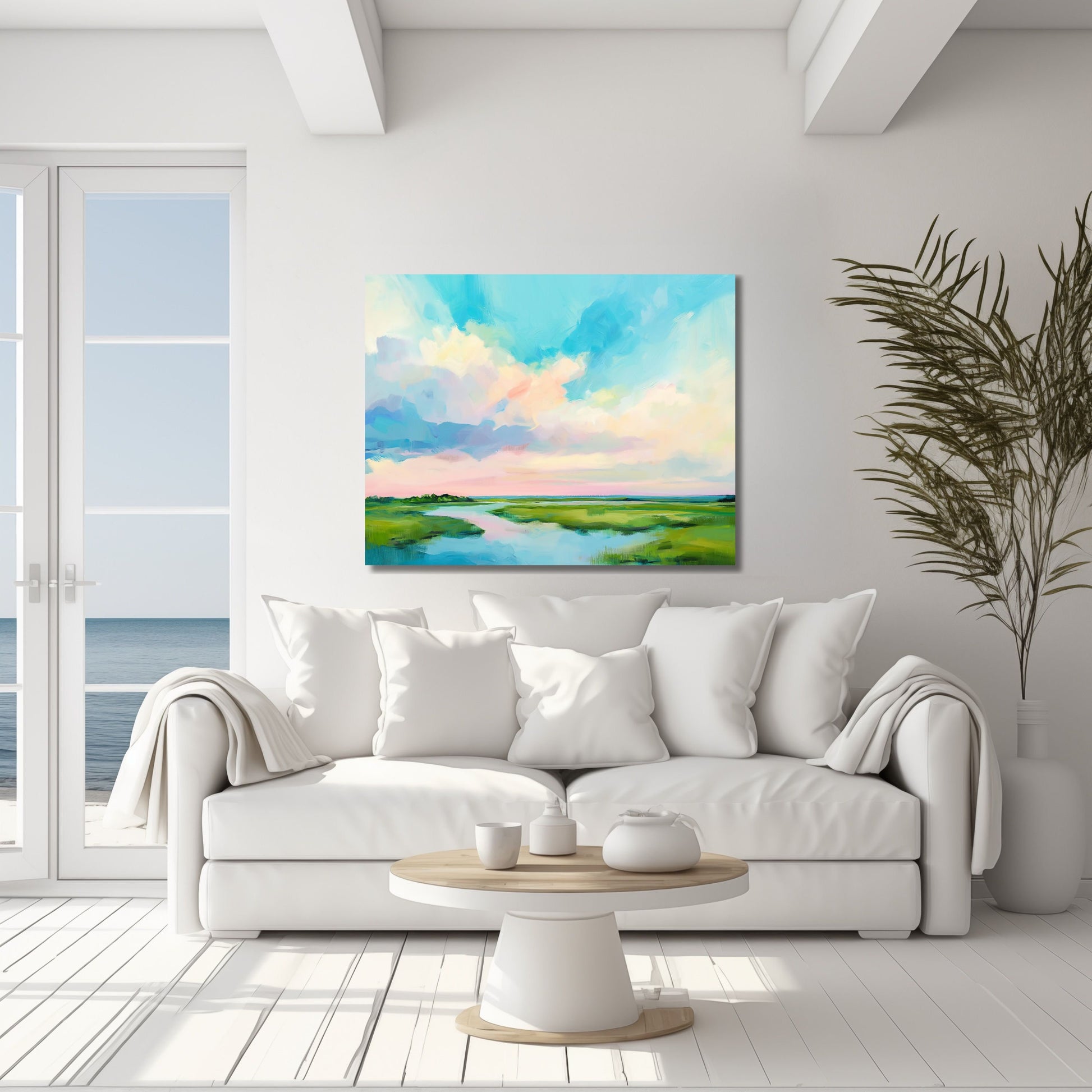 Marsh Wall Art, Colorful Shoreline Landscape Painting, Modern Coastal Decor, Large Wall Art, Museum Quality Canvas Print