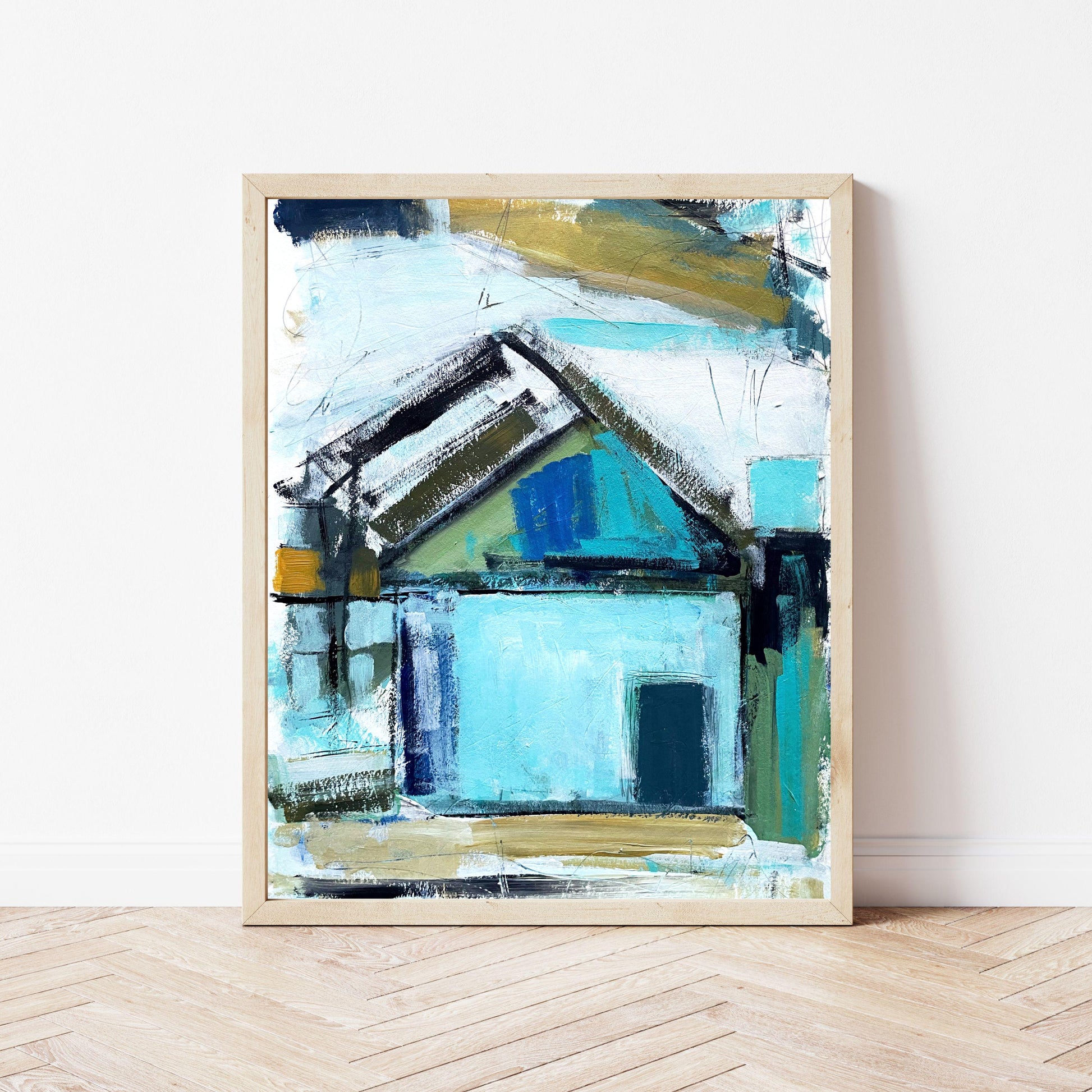 Abstract Beach House Art Print | Blue Coastal Cottage Painting | Modern Nautical Wall Decor for Seaside Home