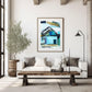 Abstract Beach House Art Print | Blue Coastal Cottage Painting | Modern Nautical Wall Decor for Seaside Home