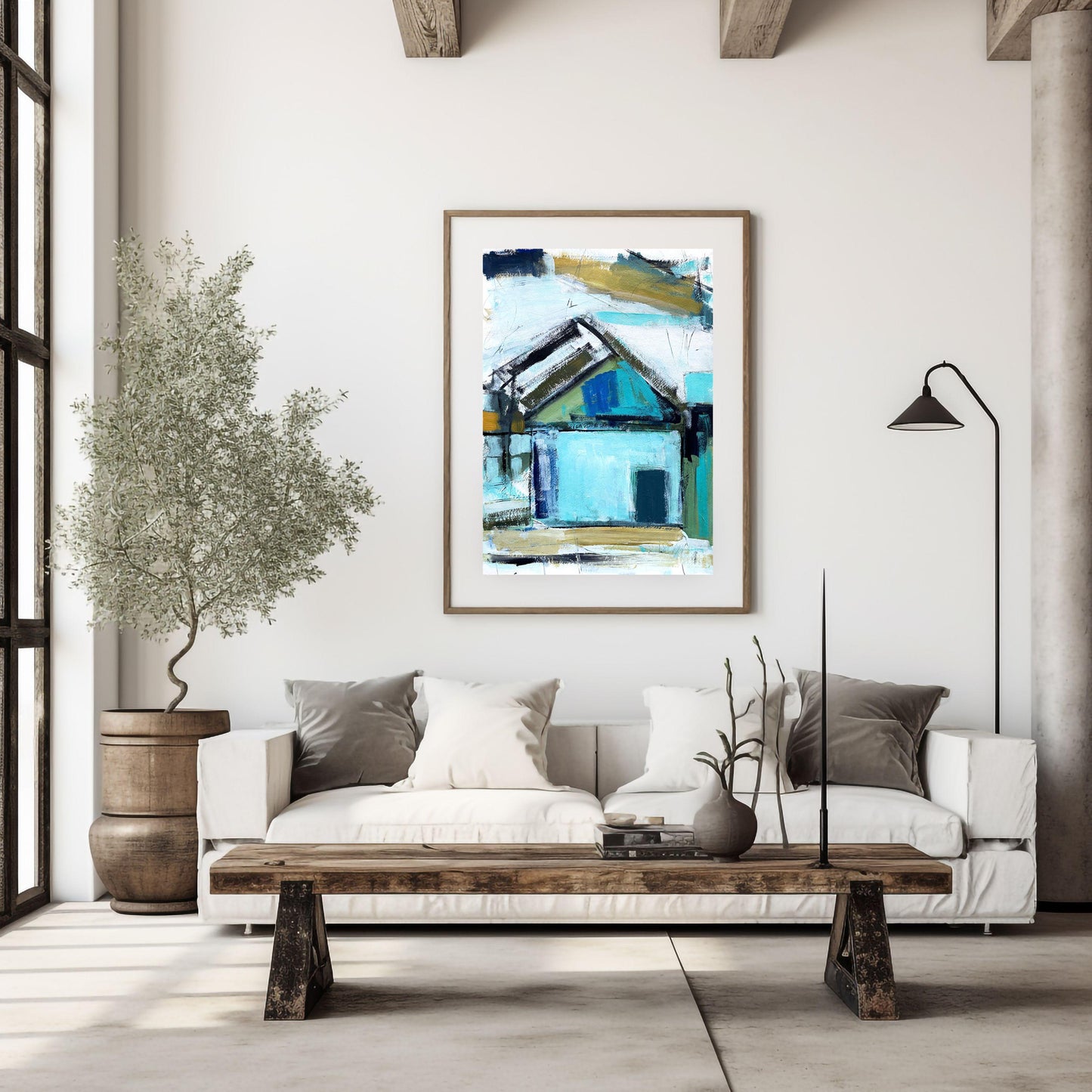 Abstract Beach House Art Print | Blue Coastal Cottage Painting | Modern Nautical Wall Decor for Seaside Home