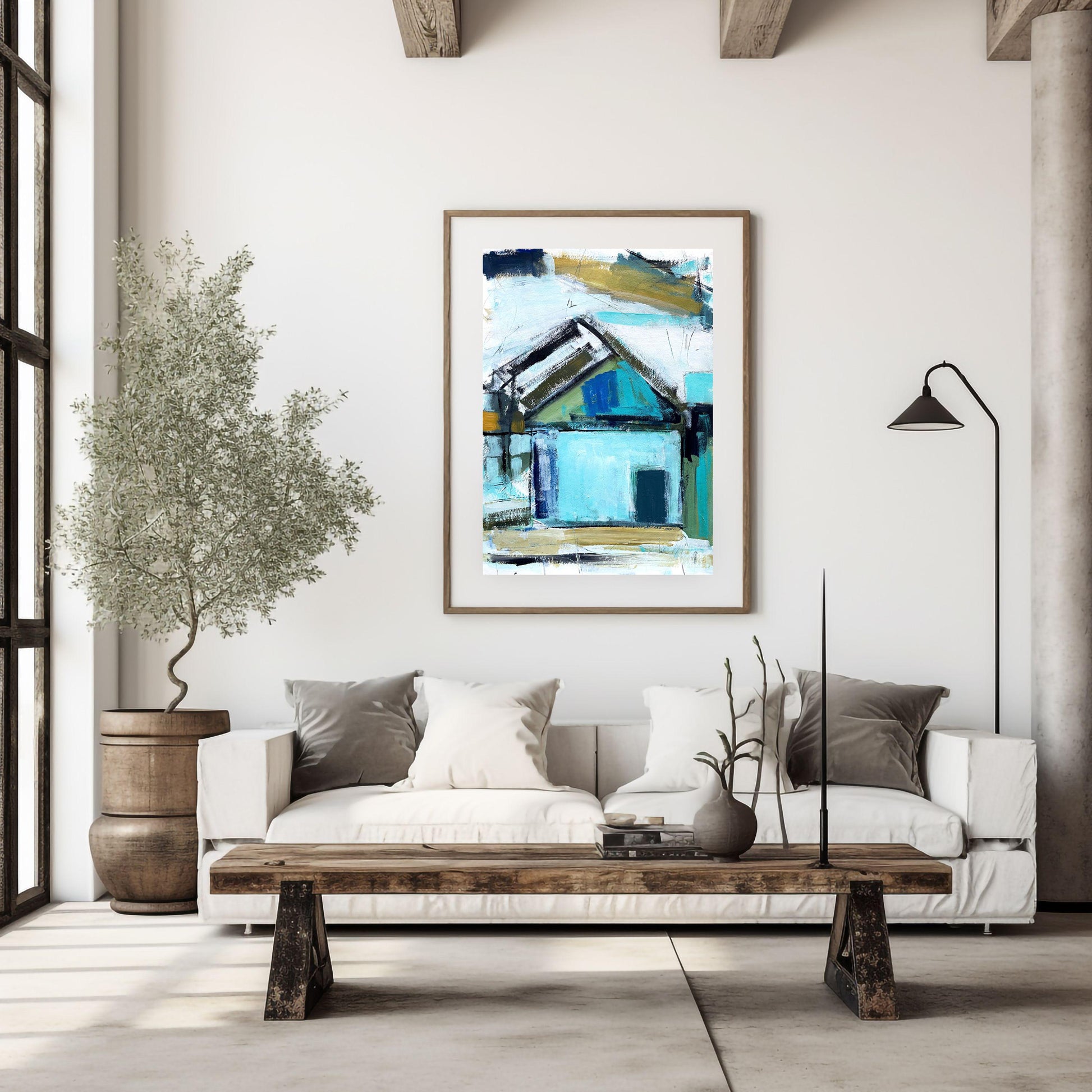 Abstract Beach House Art Print | Blue Coastal Cottage Painting | Modern Nautical Wall Decor for Seaside Home
