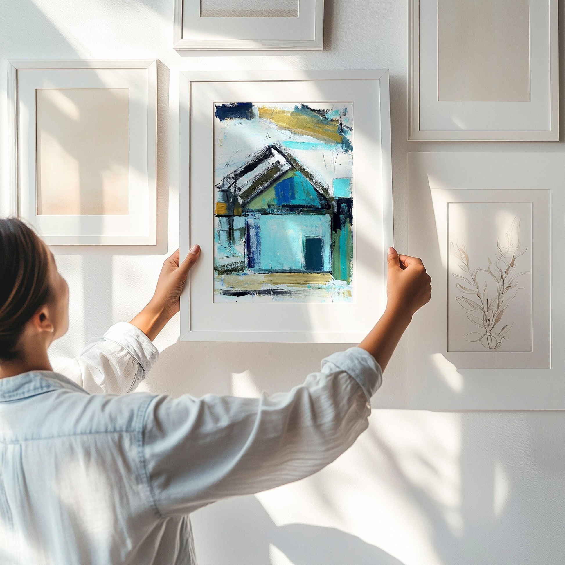 A geometric depiction of a house is created using bold brushstrokes and a cool color palette. The composition focuses on abstract elements with shades of blue and green dominating the scene.