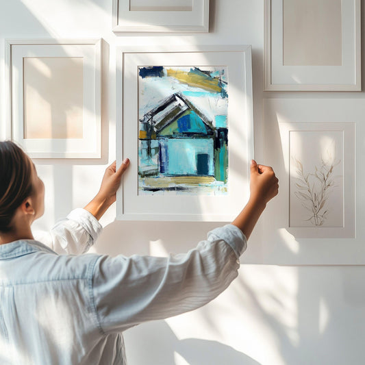 A geometric depiction of a house is created using bold brushstrokes and a cool color palette. The composition focuses on abstract elements with shades of blue and green dominating the scene.