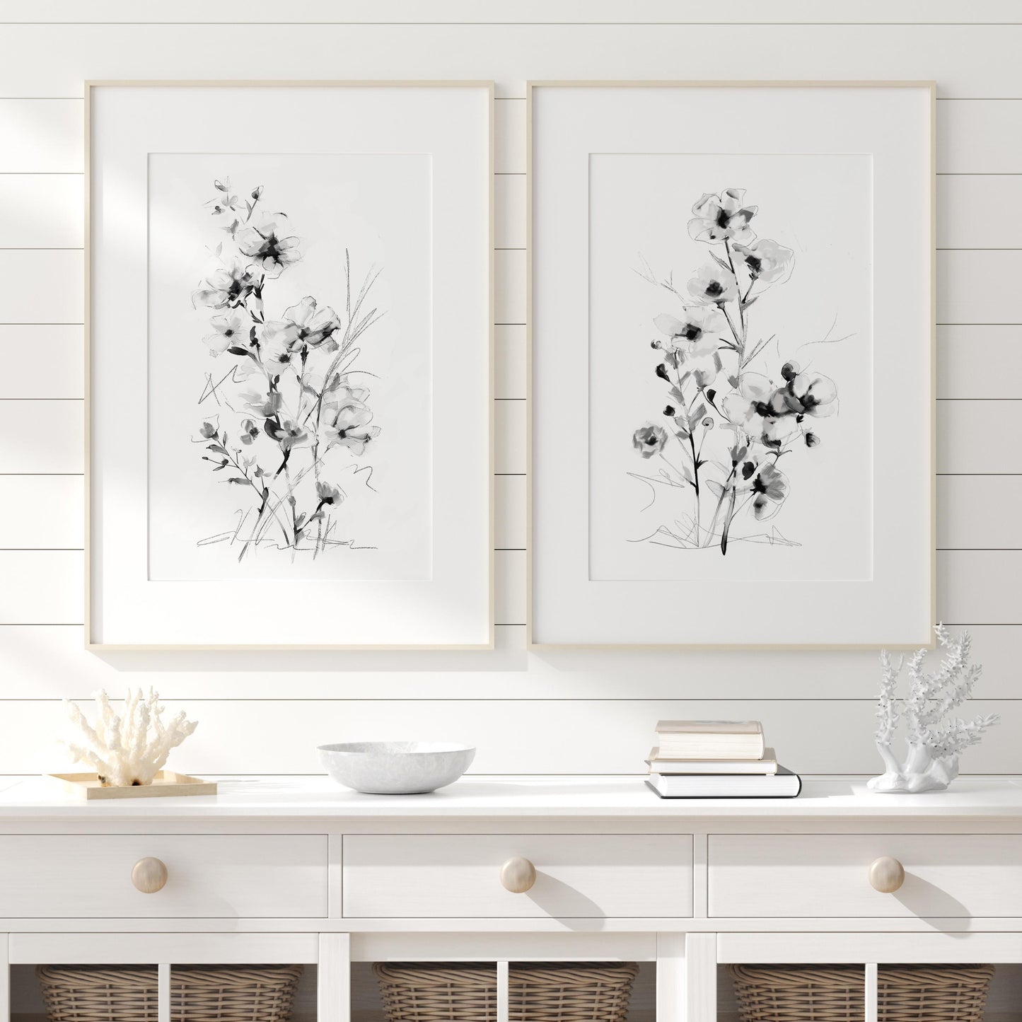 Black and White Floral Wall Art Print Set - Minimalist Botanical Home Decor - Modern Monochrome Artwork - Set of 2 Prints by SallieO
