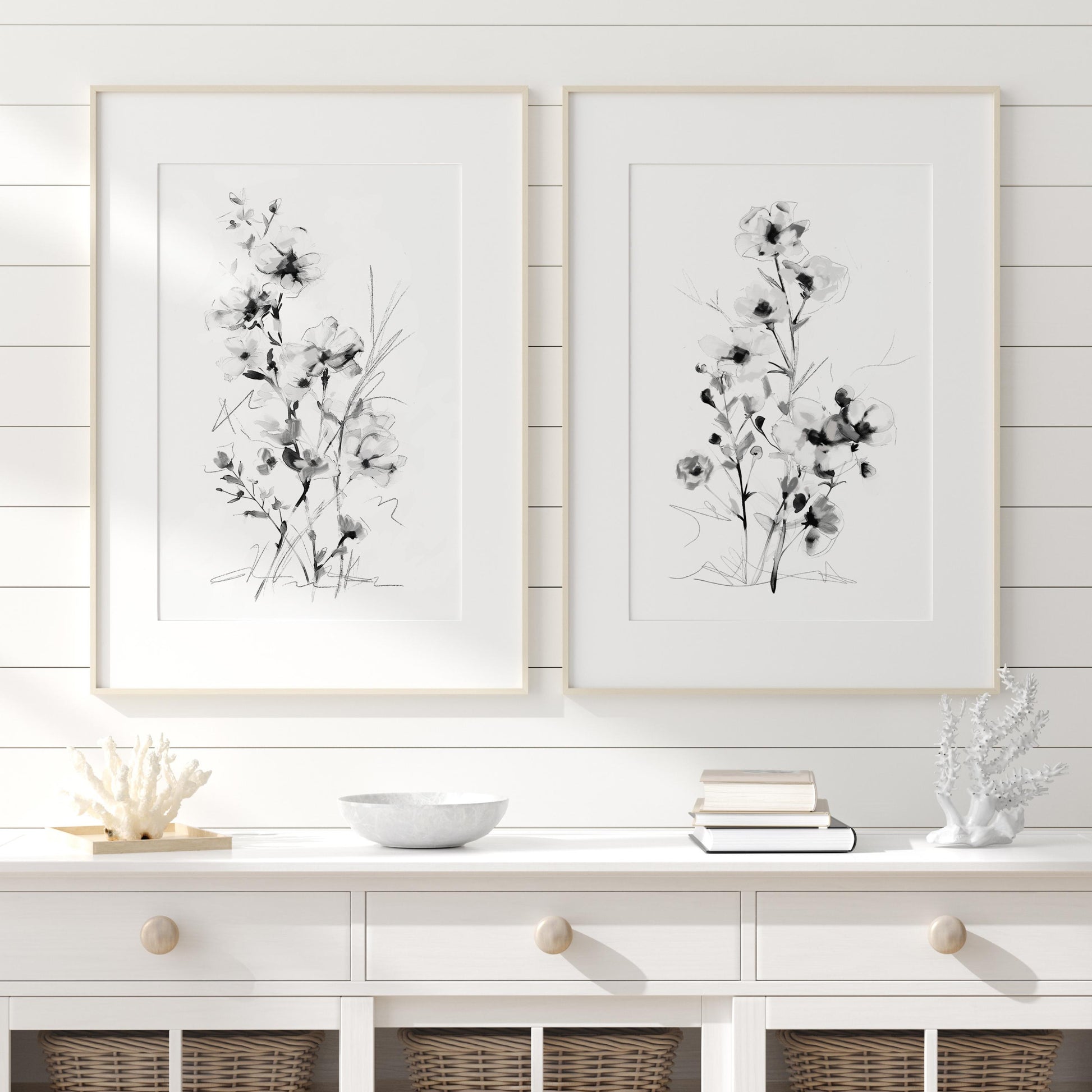 Black and White Floral Wall Art Print Set - Minimalist Botanical Home Decor - Modern Monochrome Artwork - Set of 2 Prints by SallieO