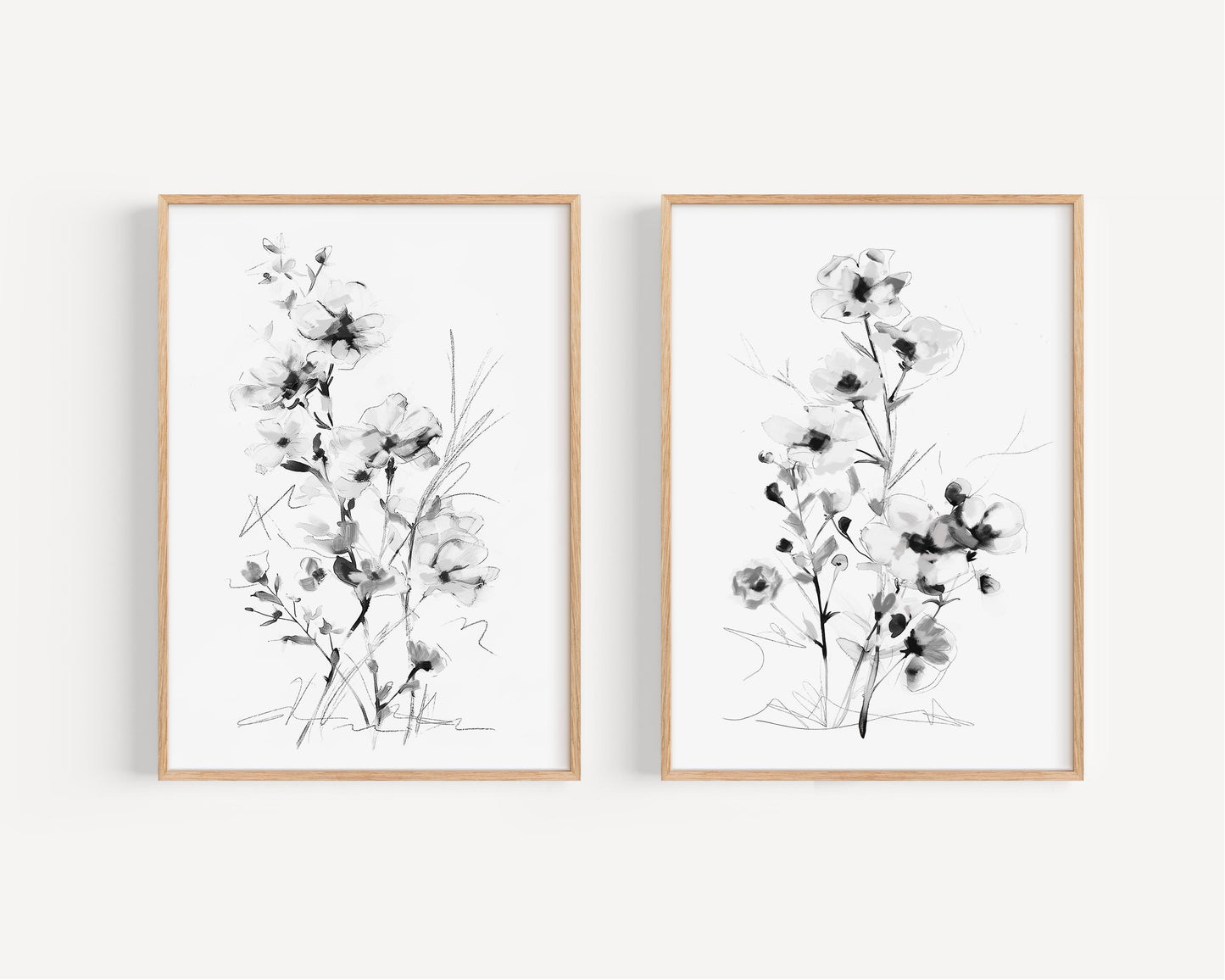Black and White Floral Wall Art Print Set - Minimalist Botanical Home Decor - Modern Monochrome Artwork - Set of 2 Prints by SallieO