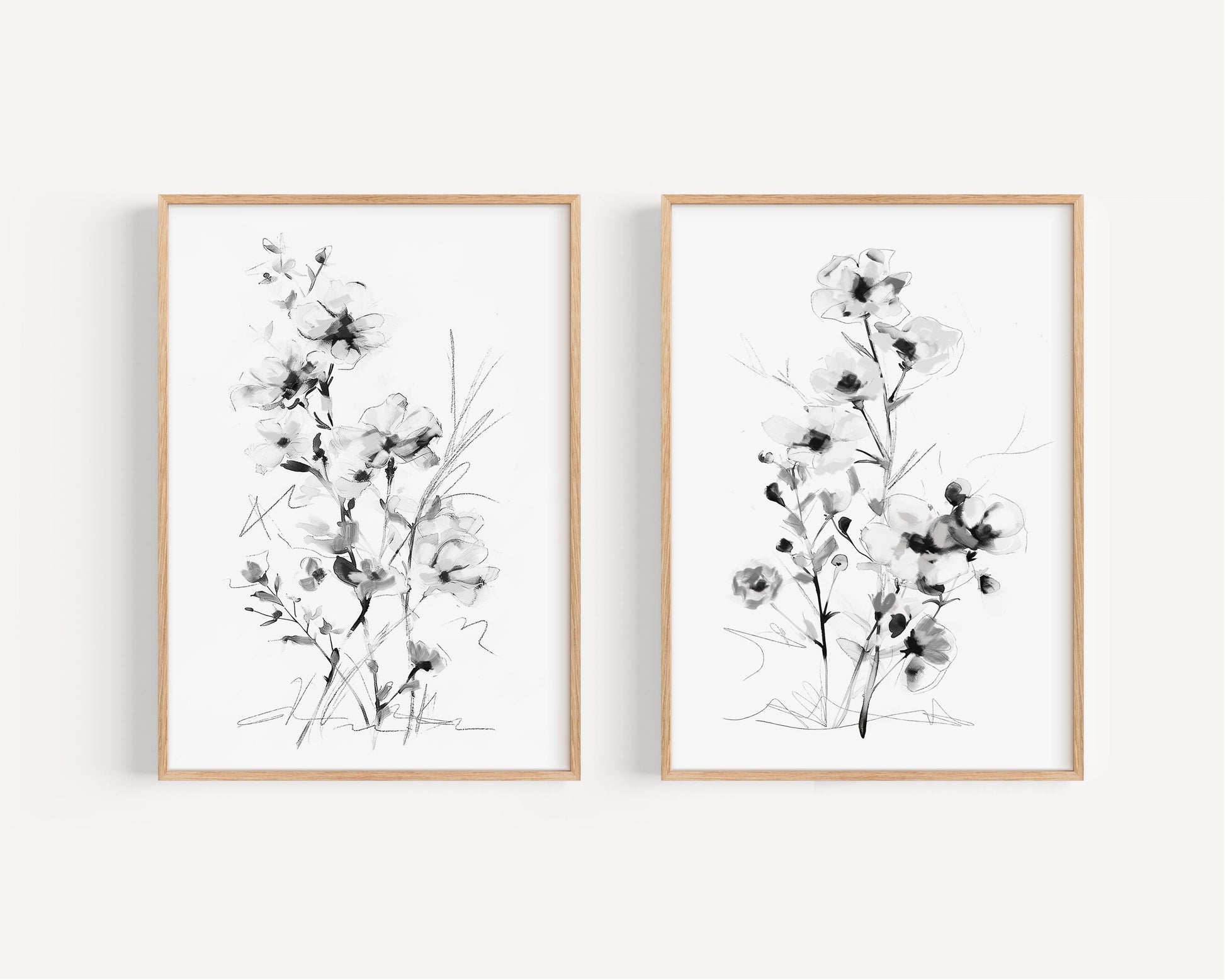 Black and White Floral Wall Art Print Set - Minimalist Botanical Home Decor - Modern Monochrome Artwork - Set of 2 Prints by SallieO