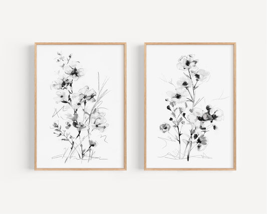 Black and White Floral Wall Art Print Set - Minimalist Botanical Home Decor - Modern Monochrome Artwork - Set of 2 Prints by SallieO