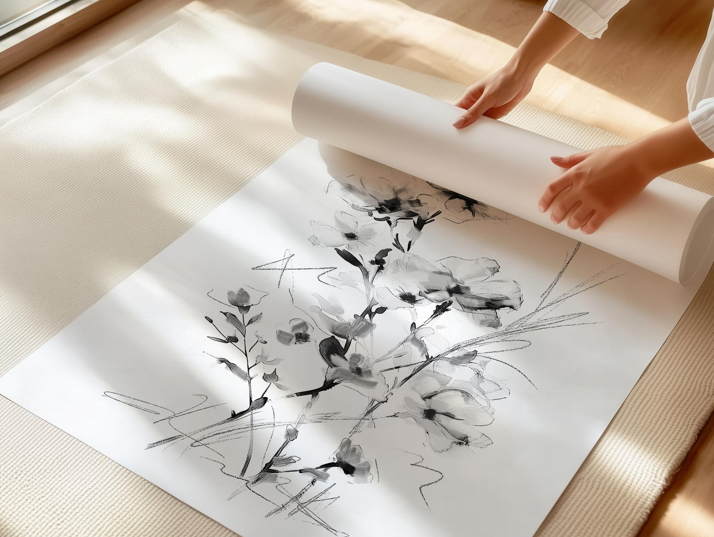 Black and White Floral Wall Art Print Set - Minimalist Botanical Home Decor - Modern Monochrome Artwork - Set of 2 Prints by SallieO