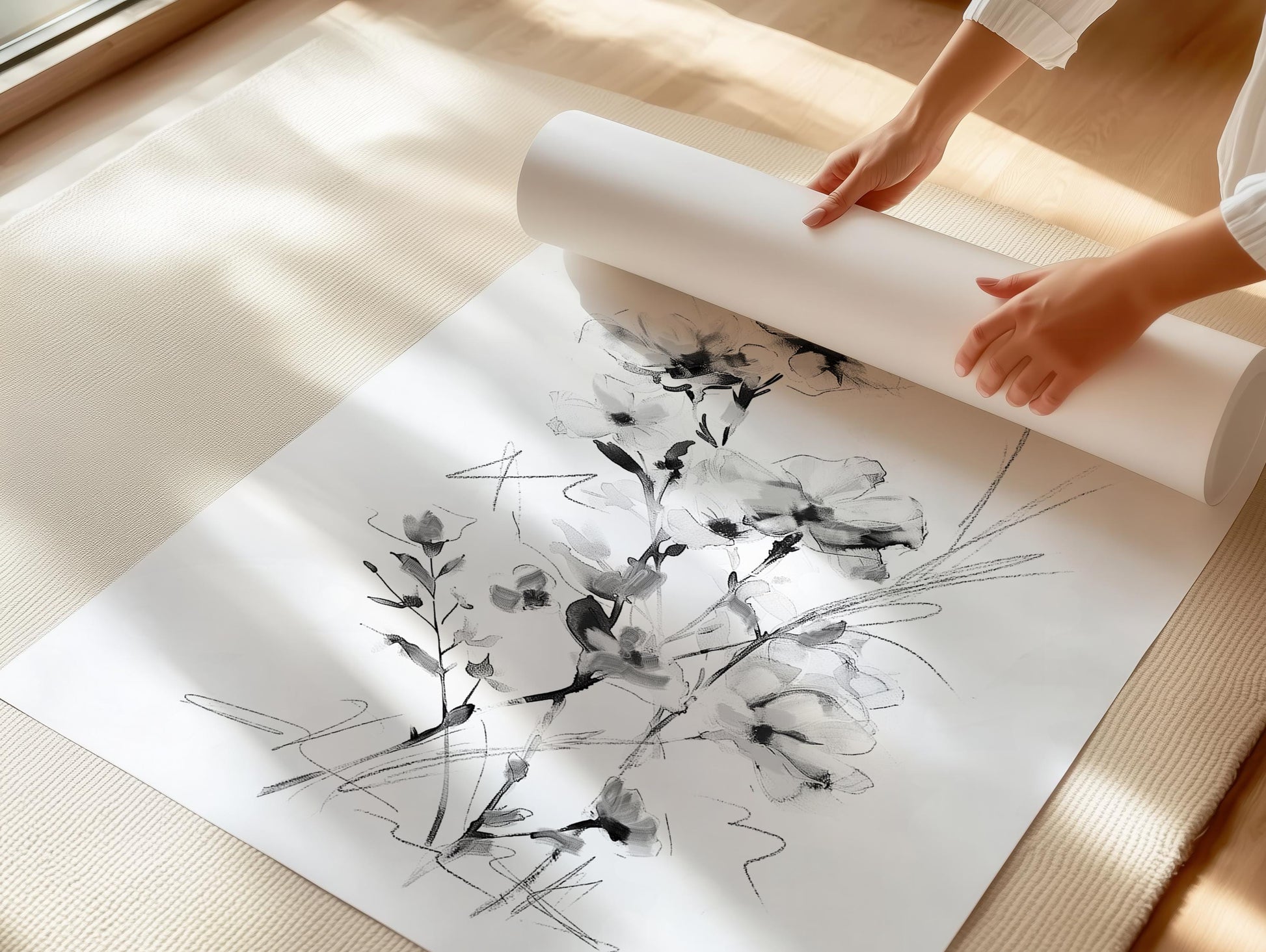 Black and White Floral Wall Art Print Set - Minimalist Botanical Home Decor - Modern Monochrome Artwork - Set of 2 Prints by SallieO