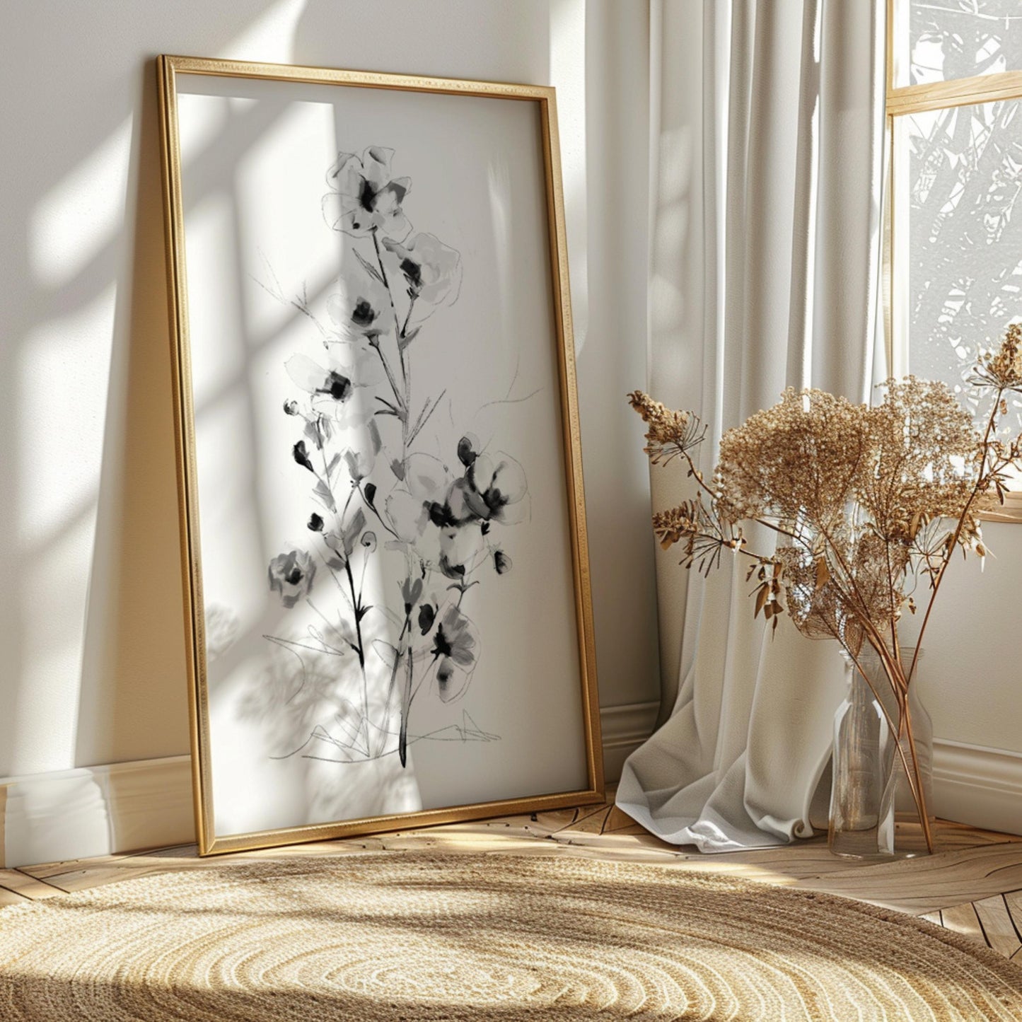 Black and White Floral Wall Art Print Set - Minimalist Botanical Home Decor - Modern Monochrome Artwork - Set of 2 Prints by SallieO