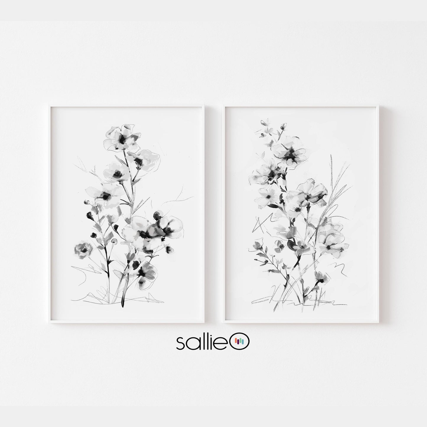 Black and White Floral Wall Art Print Set - Minimalist Botanical Home Decor - Modern Monochrome Artwork - Set of 2 Prints by SallieO