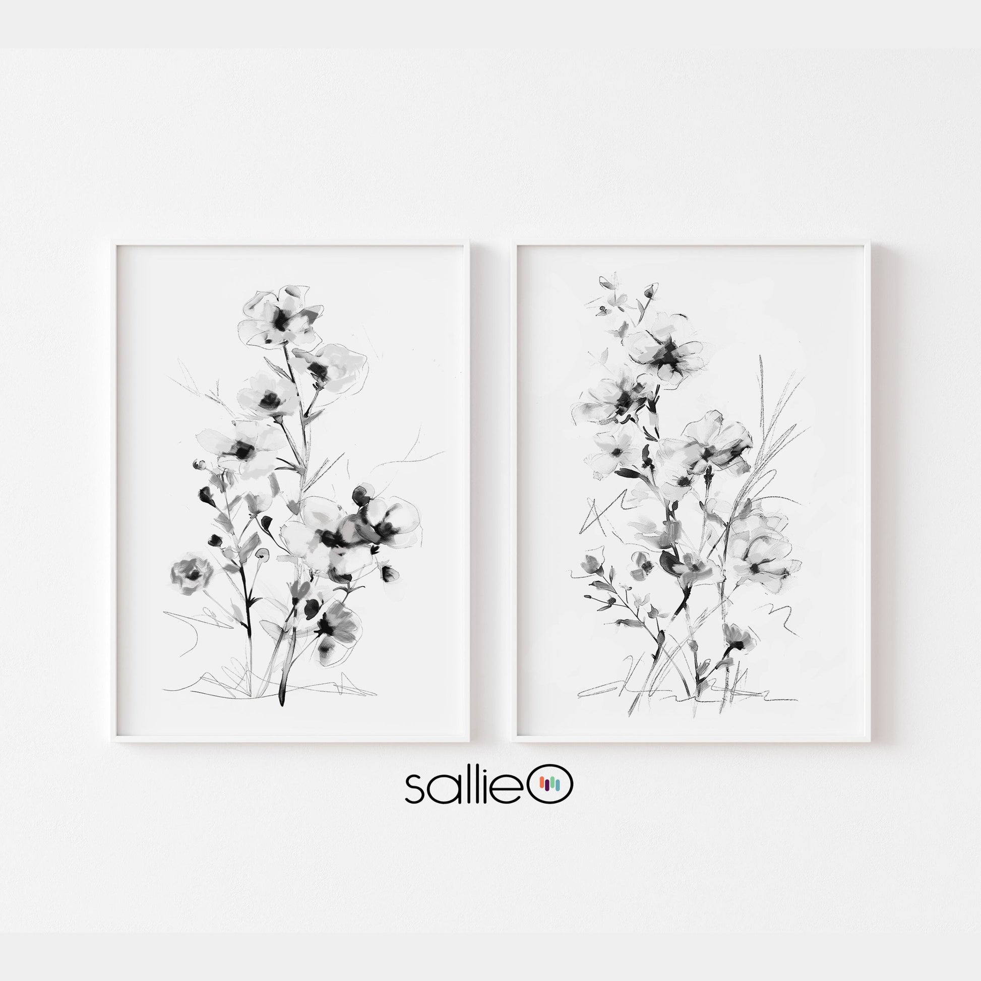 Black and White Floral Wall Art Print Set - Minimalist Botanical Home Decor - Modern Monochrome Artwork - Set of 2 Prints by SallieO