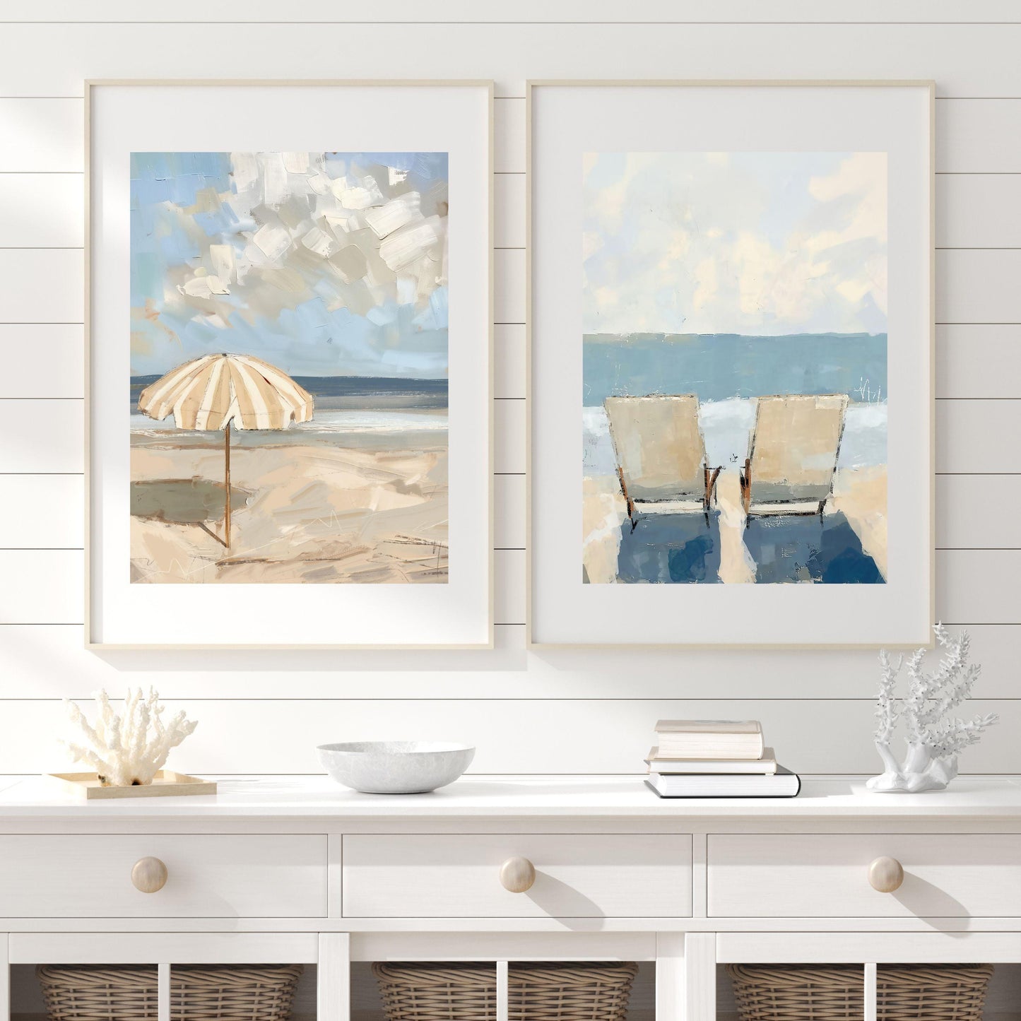 Set of Two Beach Wall Art Prints Neutral Tone Modern Coastal Paintings Summer Seaside Wall Decor, SallieO Giclee Canvas Prints