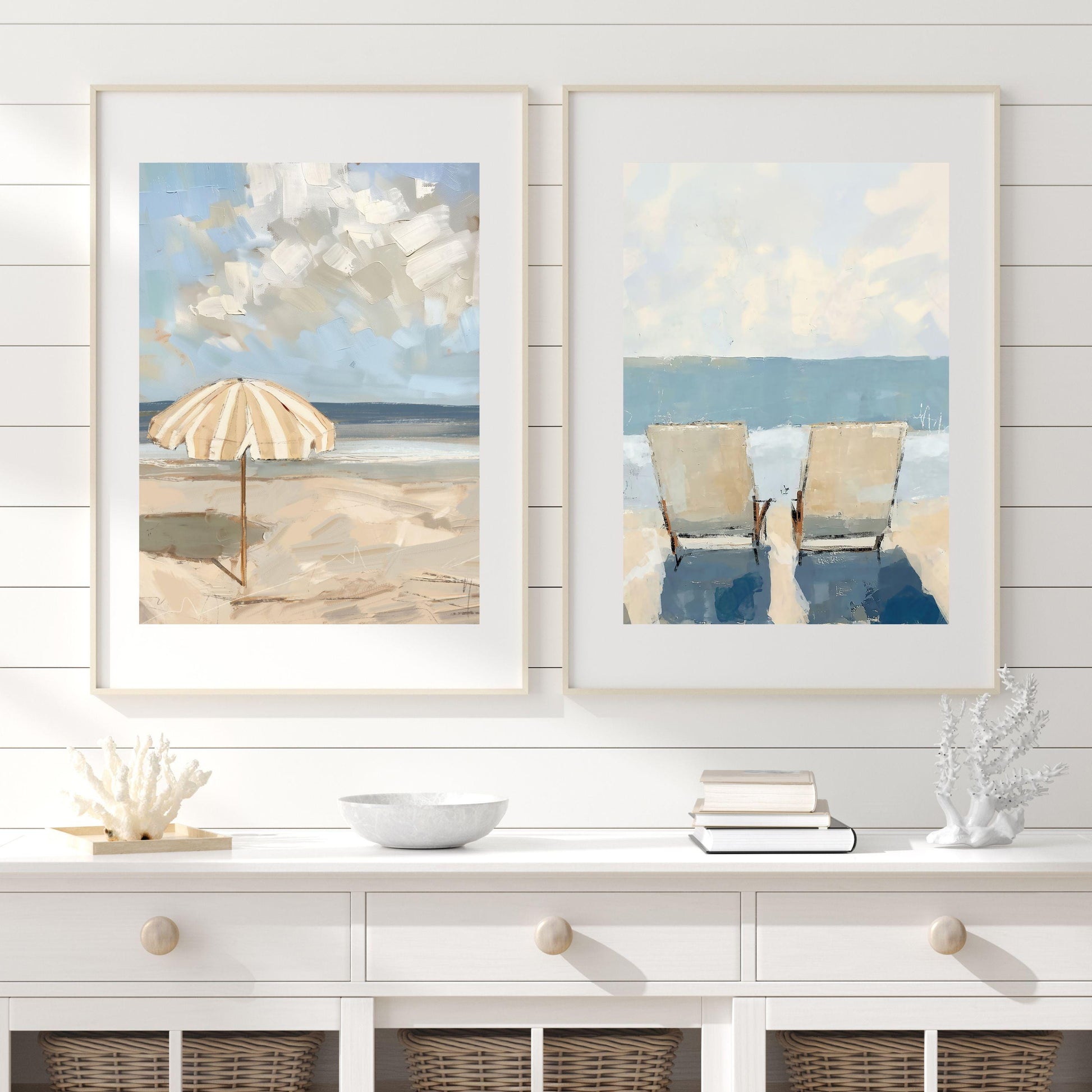 Set of Two Beach Wall Art Prints Neutral Tone Modern Coastal Paintings Summer Seaside Wall Decor, SallieO Giclee Canvas Prints