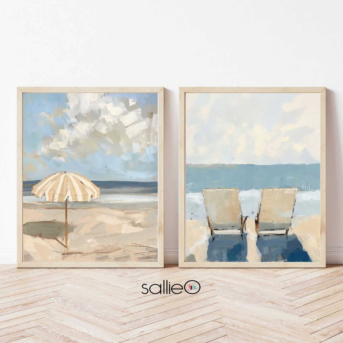 Set of Two Beach Wall Art Prints Neutral Tone Modern Coastal Paintings Summer Seaside Wall Decor, SallieO Giclee Canvas Prints