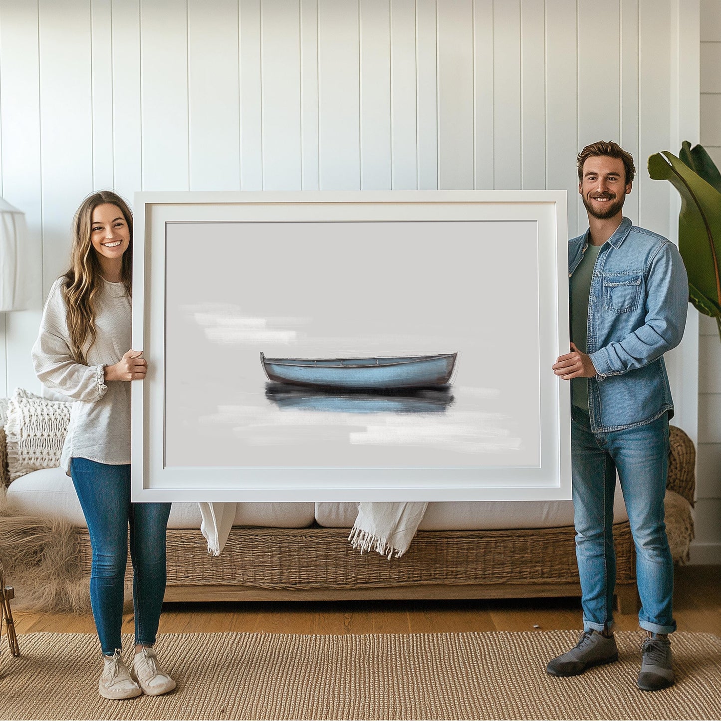 Minimalist Nautical Blue Boat Wall Art Coastal Inspired Print Art for Beach House Living Room Decor, Museum Quality Canvas Prints by SallieO