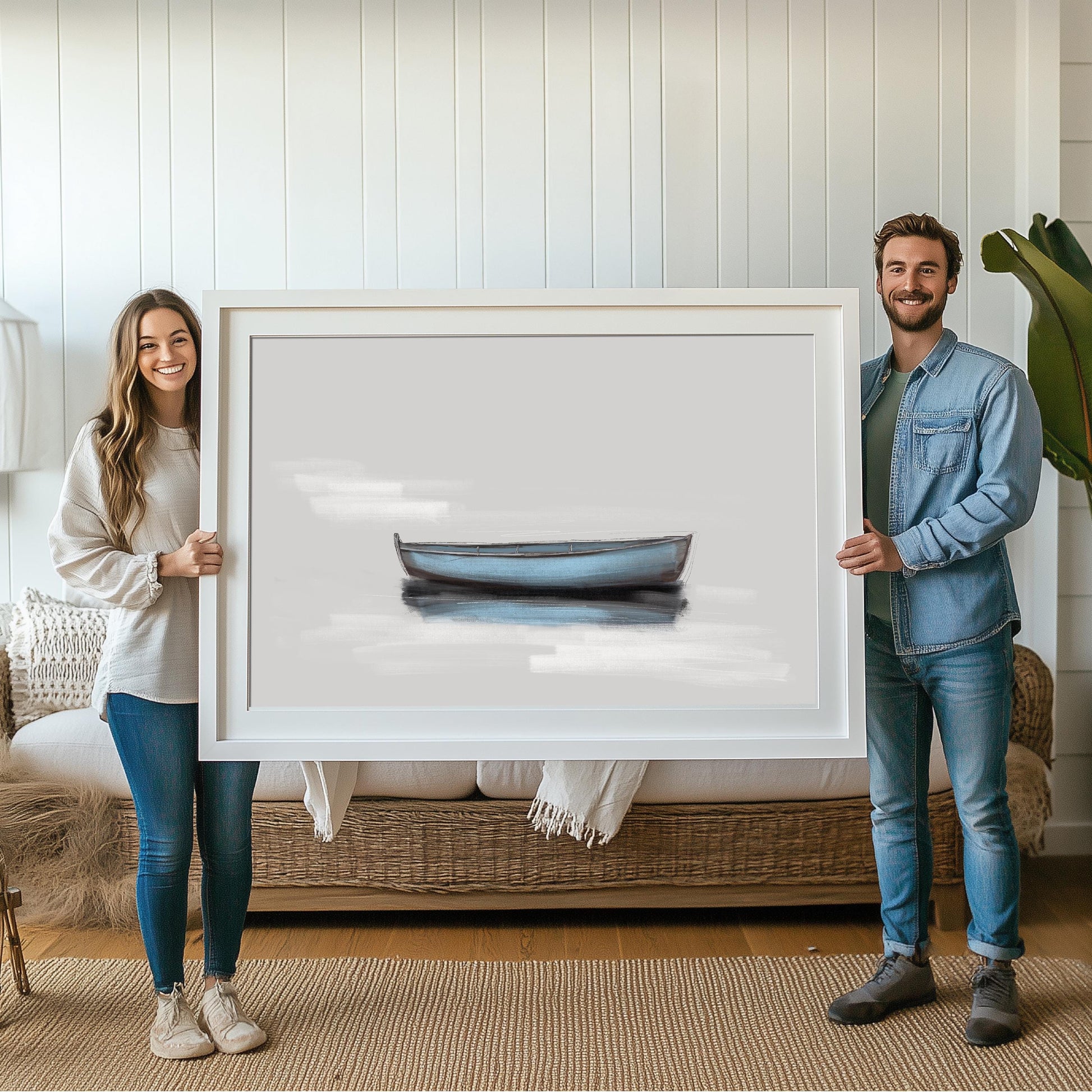 Minimalist Nautical Blue Boat Wall Art Coastal Inspired Print Art for Beach House Living Room Decor, Museum Quality Canvas Prints by SallieO