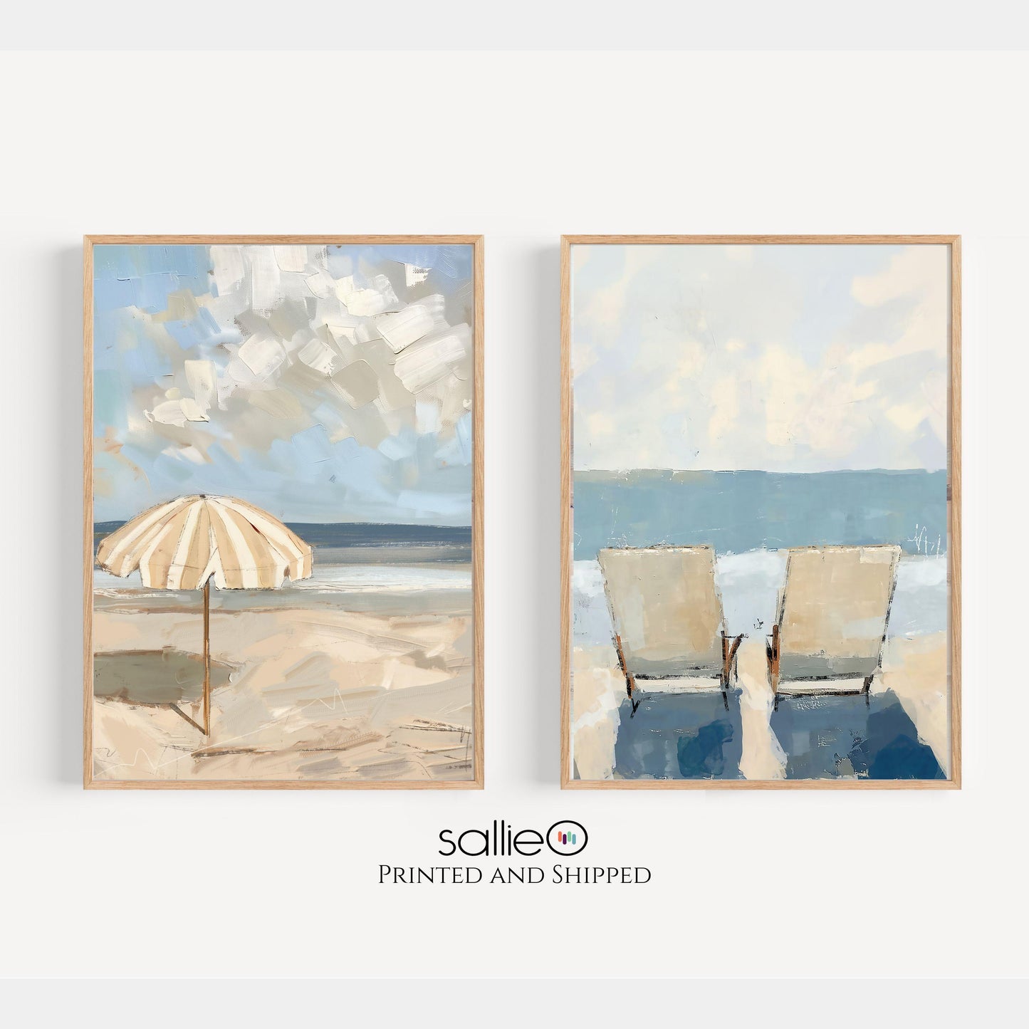 Set of Two Beach Wall Art Prints Neutral Tone Modern Coastal Paintings Summer Seaside Wall Decor, SallieO Giclee Canvas Prints