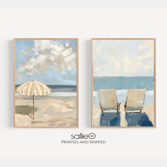 Set of Two Beach Wall Art Prints Neutral Tone Modern Coastal Paintings Summer Seaside Wall Decor, SallieO Giclee Canvas Prints