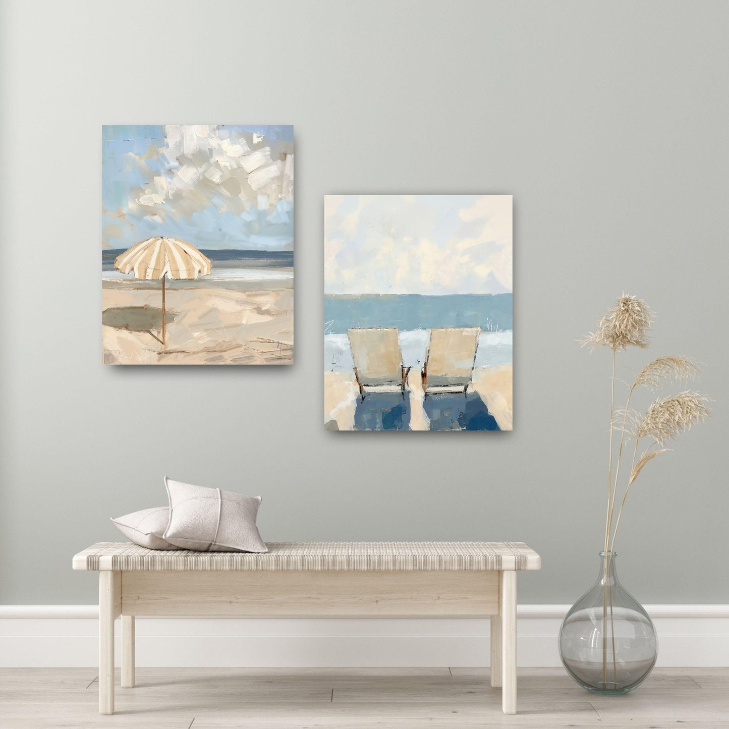 Set of Two Beach Wall Art Prints Neutral Tone Modern Coastal Paintings Summer Seaside Wall Decor, SallieO Giclee Canvas Prints