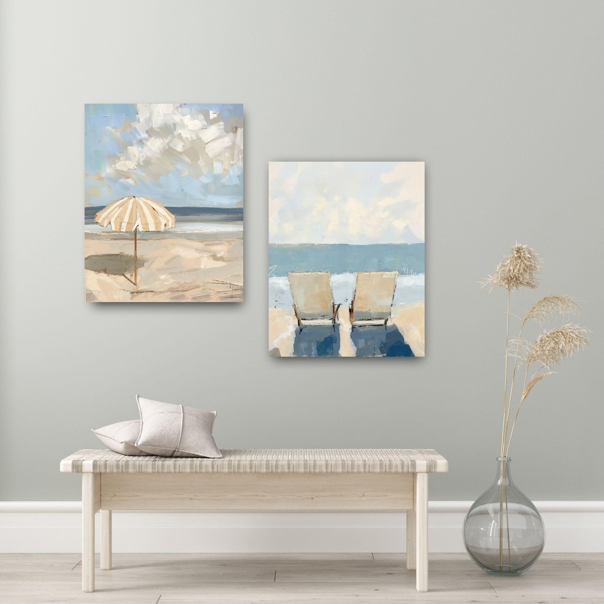 Set of Two Beach Wall Art Prints Neutral Tone Modern Coastal Paintings Summer Seaside Wall Decor, SallieO Giclee Canvas Prints